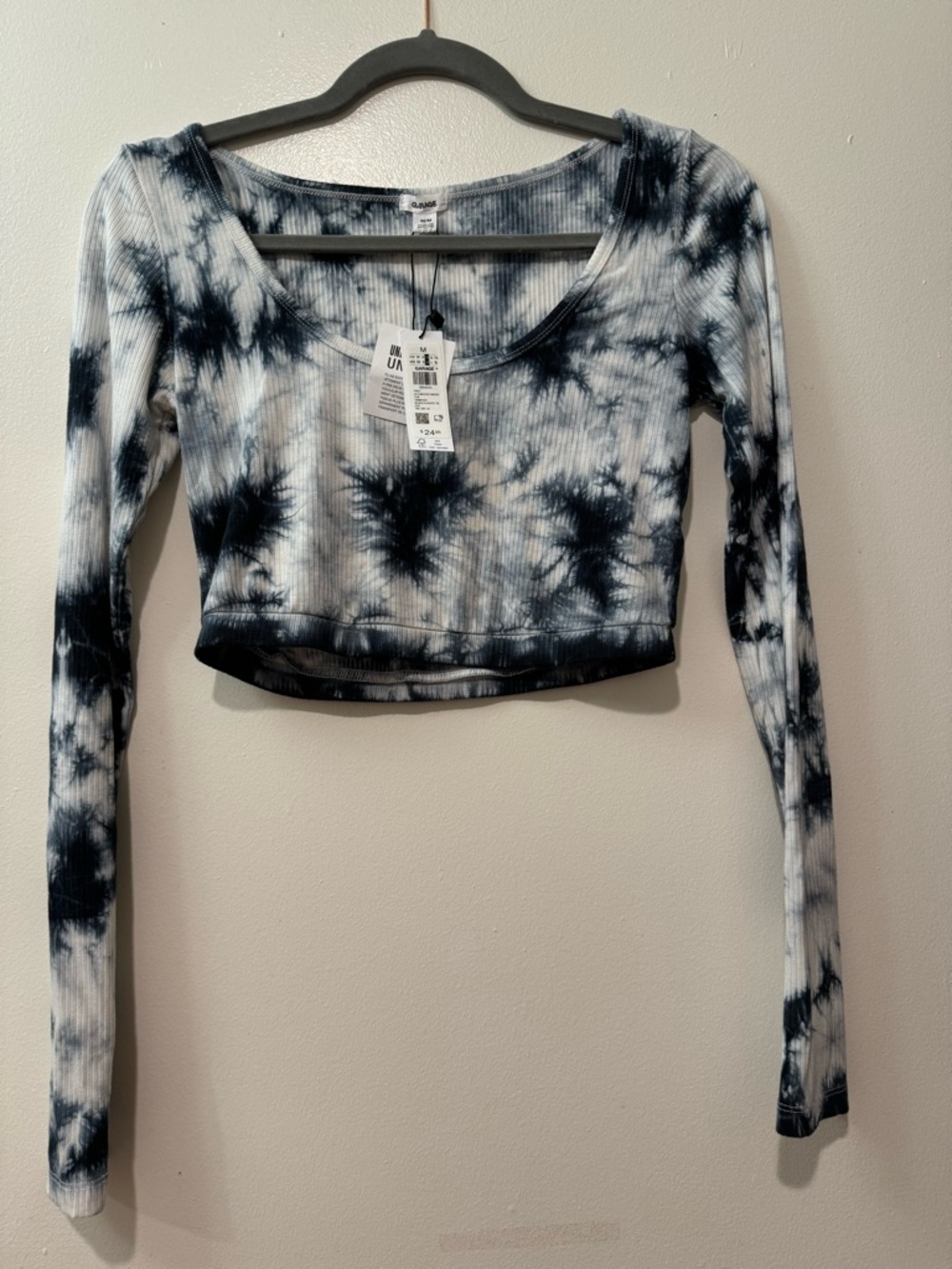 Garage Black & White Tie-Dye Ribbed Long Sleeve Crop Top